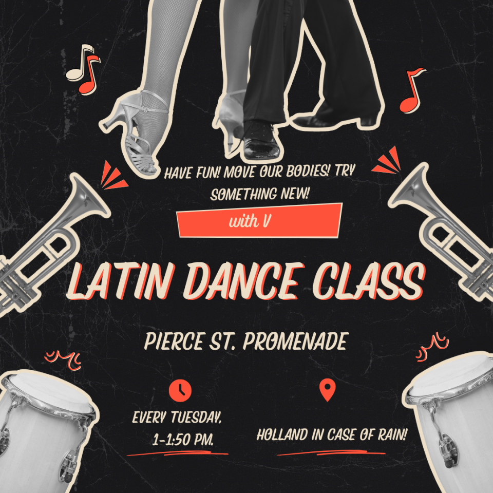 Latin Dance Class poster with pictures of dancers and instruments