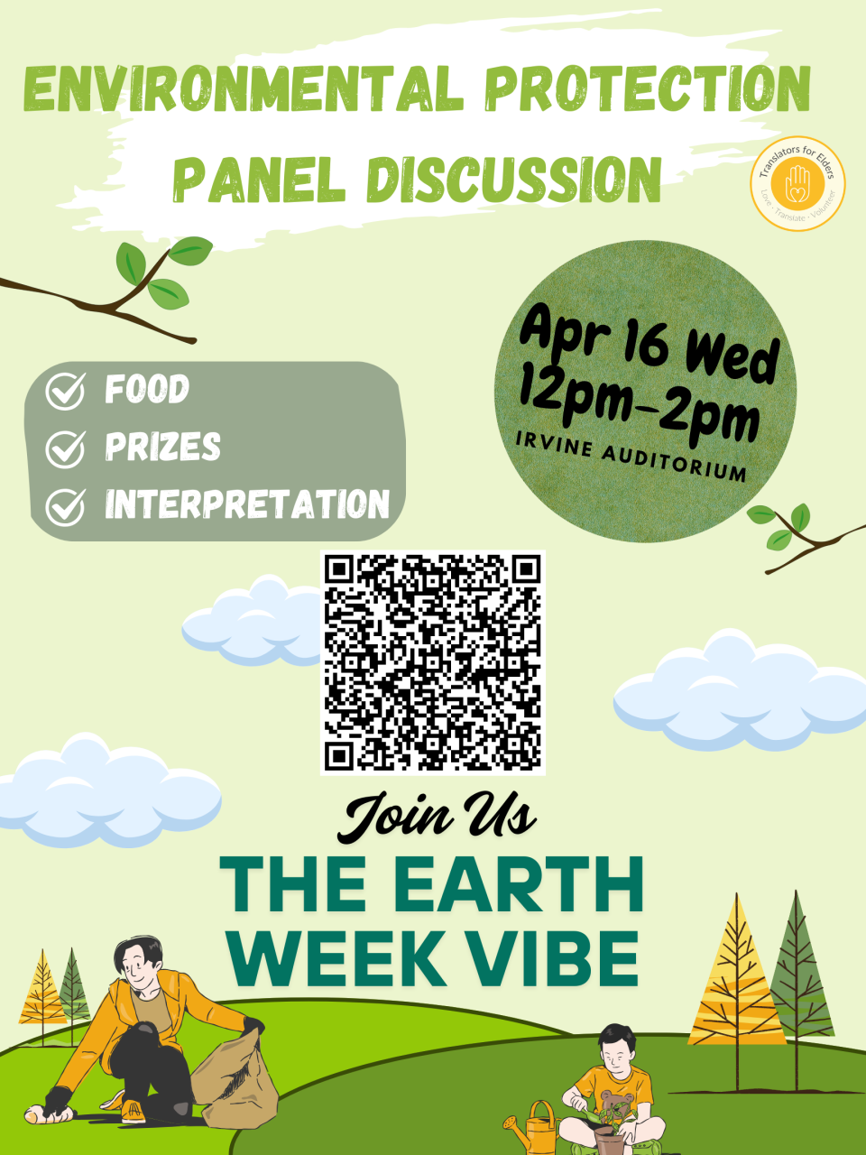 Green background with trees, hills, and people picking up trash