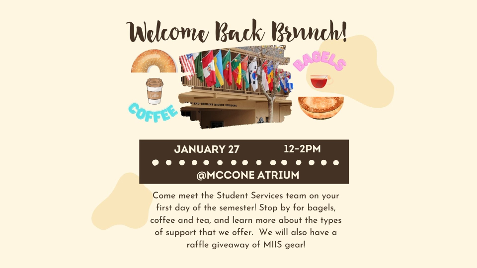 Pictures of international flags, bagels and coffee