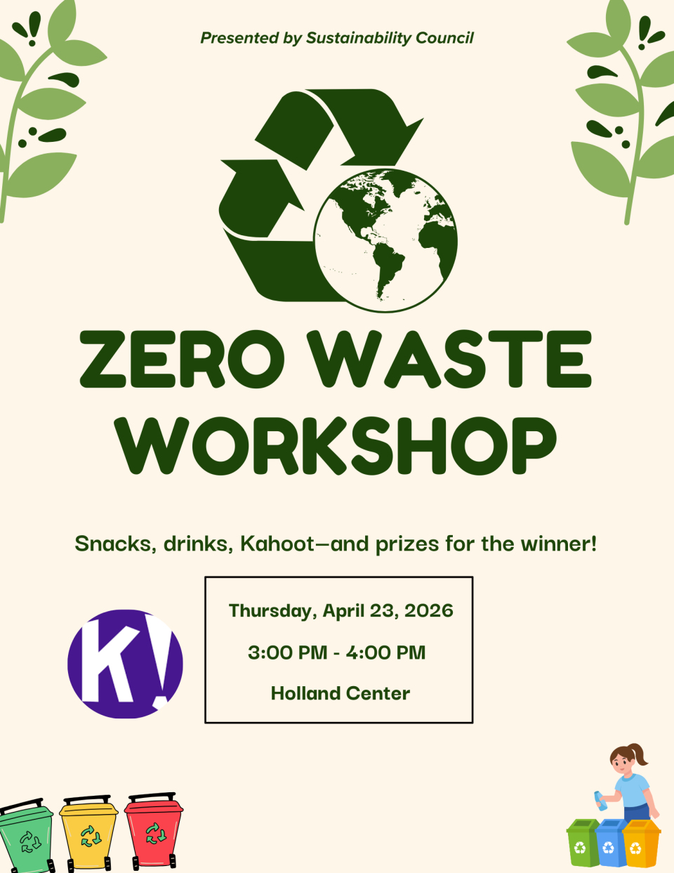 Recycling symbol, a image of the globe, and trash and recycling bins.