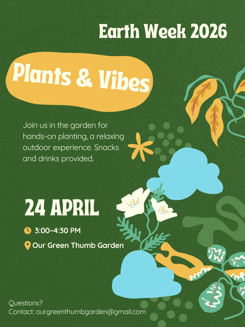 Green background with plants adverting Plants & Vibes.