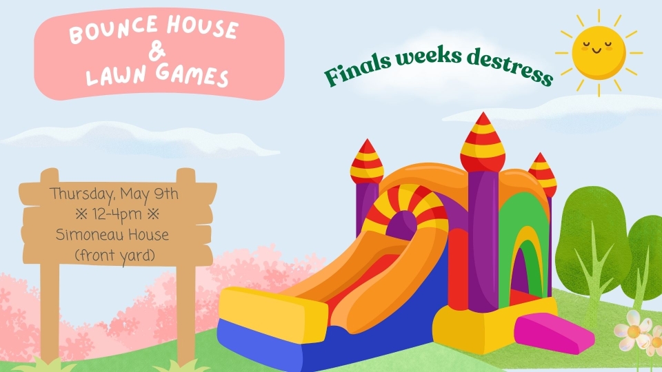 Colorful bouncy castle in the lower right stretching across the bottom of the poster on a sky blue background