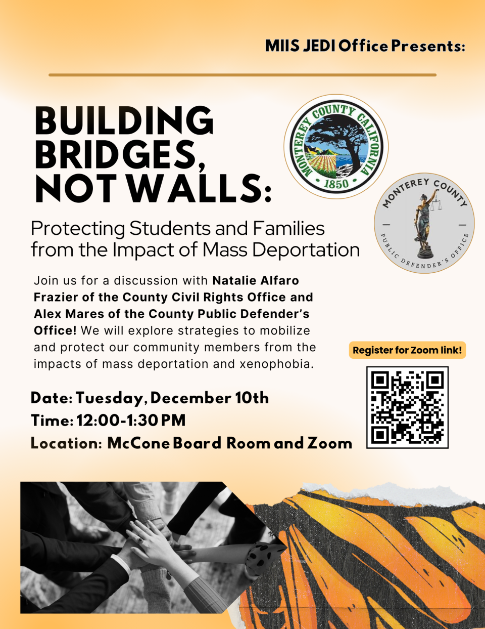 Join us for a discussion with Natalie Alfaro Frazier of the County Civil Rights Office and Alex Mares of the County Public Defender’s Office! We will explore strategies to mobilize and protect our community members from the impacts of mass deportation and xenophobia.