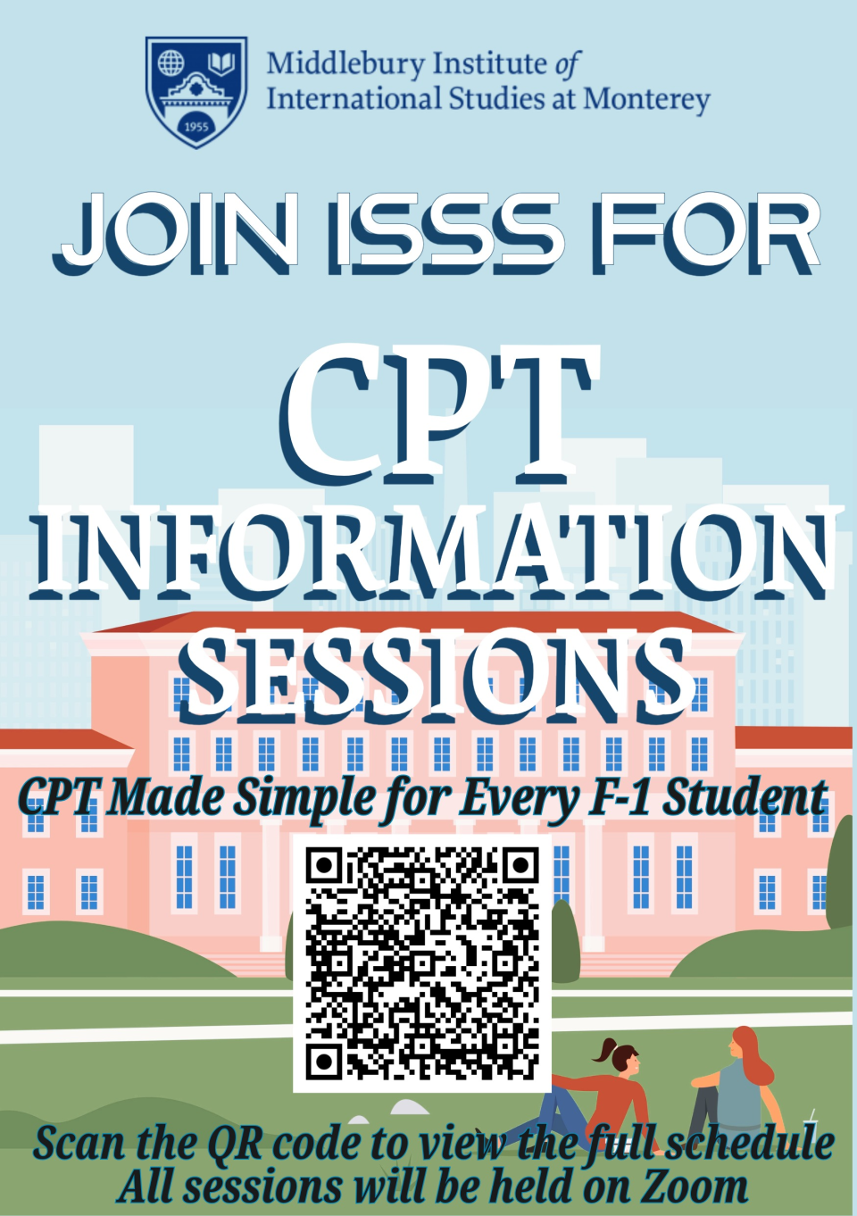 CPT Information and Q&A Sessions
Location: Zoom
Link: https://middlebury.zoom.us/j/97463937397?pwd=jnc22lcOyCRTOV0aZlDQ0FYgukbYOn.1
Meeting ID: 974 6393 7397
Passcode: 756475