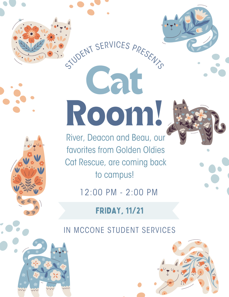 Meet cats at Student Services flyer