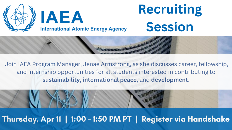 Blue and white flyer advertising the International Atomic Energy Agency recruiting session.