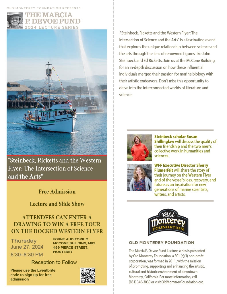 Picture of a boat on the bay and head shots of Steinbeck scholar, Susan Shillinglaw and WFF Executive Director, Sherry Flumerfelt.