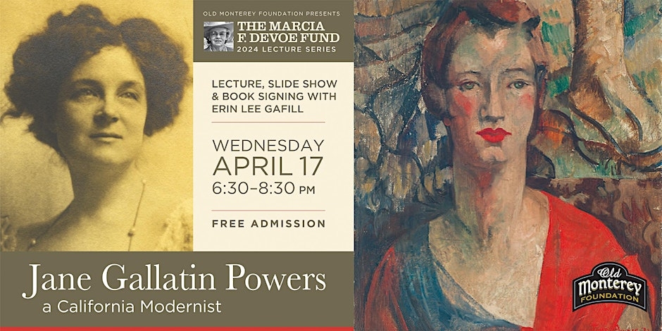 To the left is an old photograph of a woman. To the right is a painting of a woman with green eyes, red lips, wearing a bright red shawl. Information about the event is between the photo and painting.