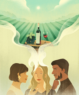 Illustration of people talking and in the speech bubble a bottle of wine and glasses