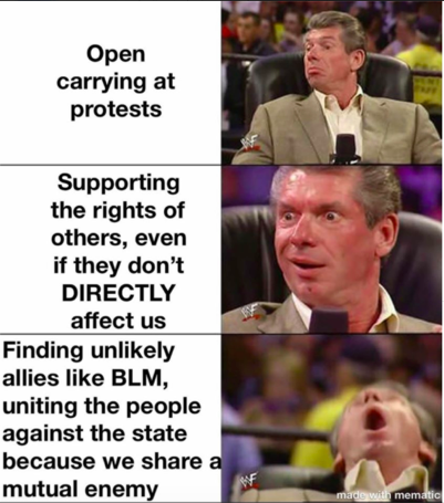 Three-panel meme discussing the Boogaloo Movement's newfound solidarity with BLM.