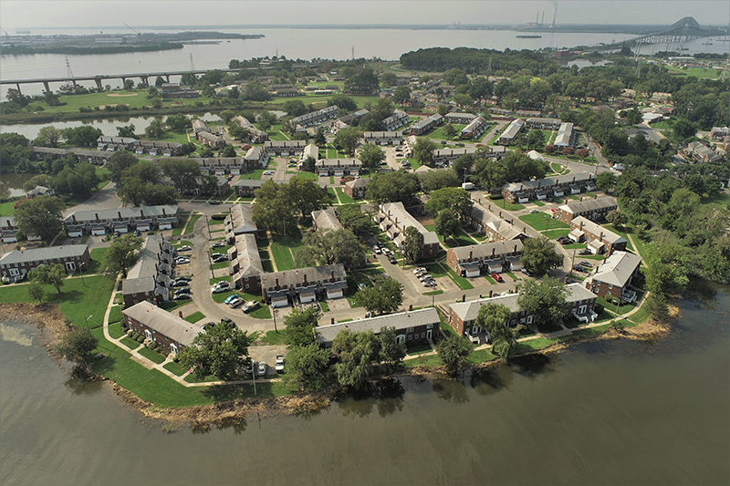 Turner Station Maryland, a community surrounded on three sides by water, very green, but lots of buildings at risk from sea level rise