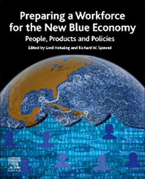Preparing a Workforce for the New Blue Economy-Book Cover--a blue globe that has been digitized, pixelated, with people connected by lines and wires across land and sea