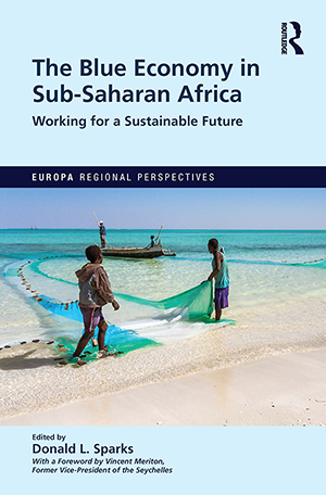 The cover of the book The Blue Economy in Sub-Saharan Africa, a blue cover witha  picture of two boys pulling a green fishing net over shallow sand and turquoise water, a small boat in the background