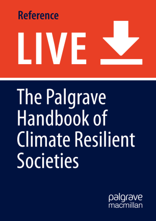 Picture of the "cover" of a virtual publication, the Palgrave Handbook of Climate Resilient Societies, a red top 1/3rd with a big "Live download" image, and then bottom third is black with white letters