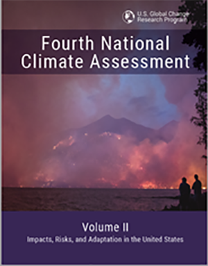 Cover of report for 4th National Climate Assessment, a government publication from 2018, showing a mountain on fire, two figures siloutted in front standing by a lake