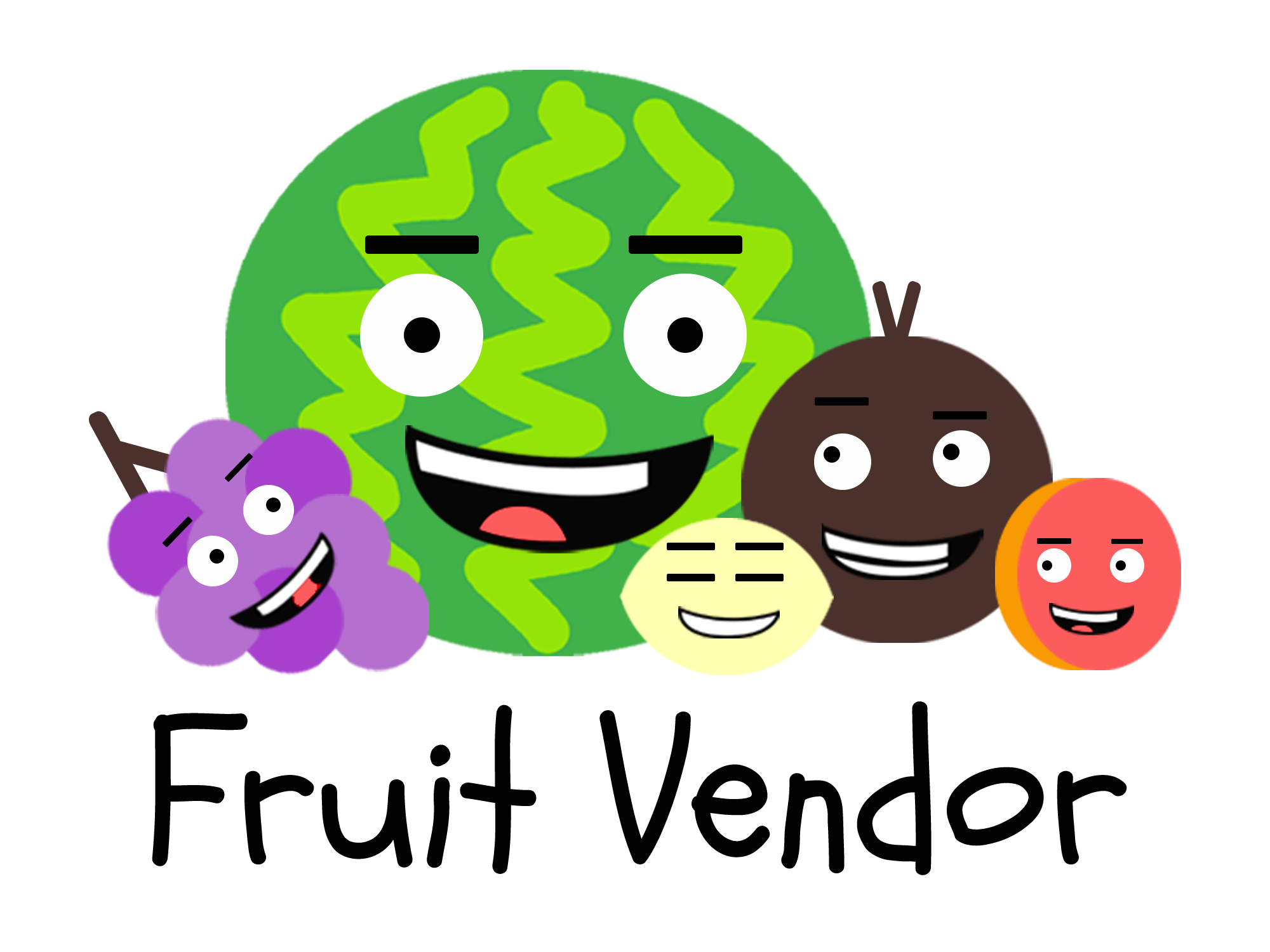Cartoon fruits (including grapes and a melon) with smiley faces.