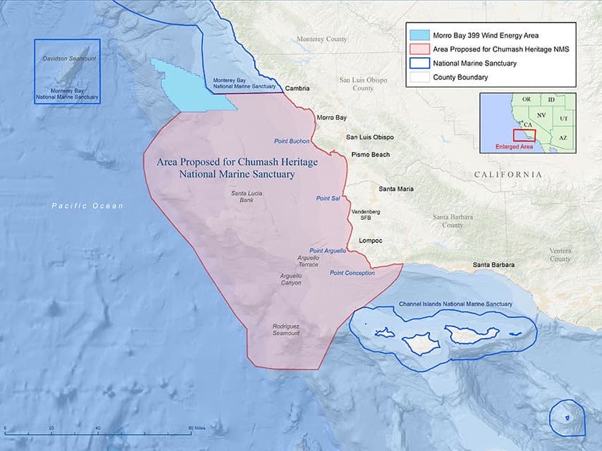 Proposed Chumash Heritage National Marine Sanctuary Map stretching 140 miles of CA coastline, from Santa Barbara to Cambria