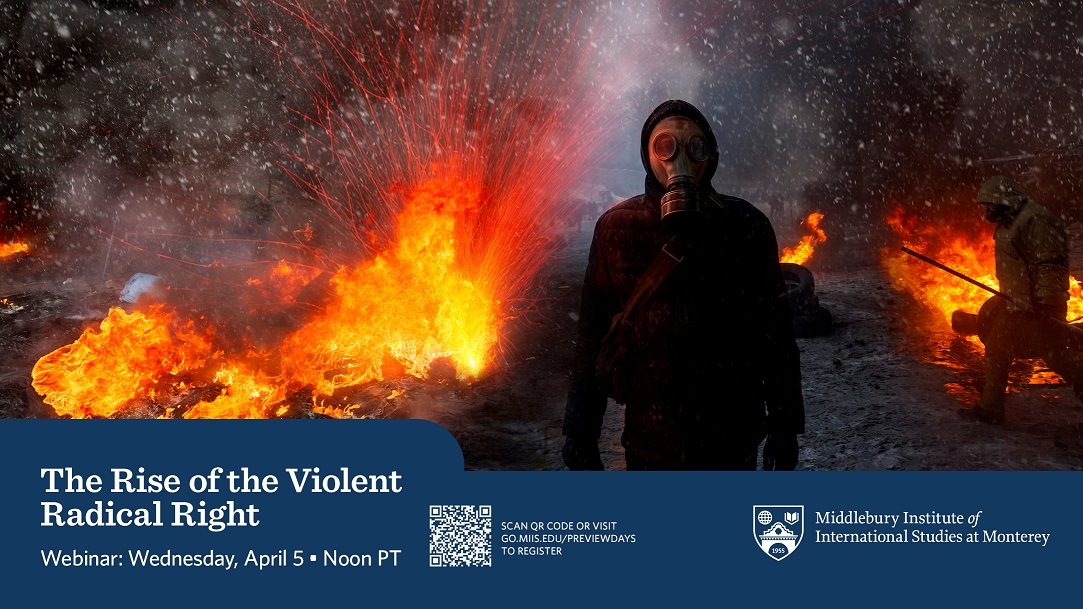 Person in gas mask with fire, smoke, and debris behind them