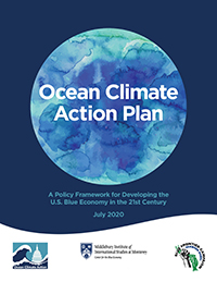 The blue planet as a watercolor impression on blue/white wave background--the text is OCEAN CLIMATE ACTION PLAN