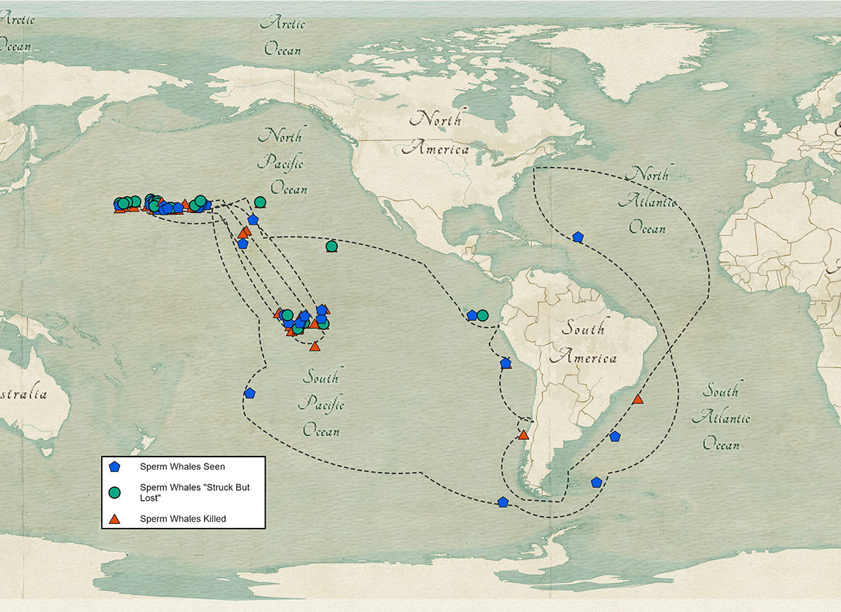 map showing where whales were seen according to 1835 logbook