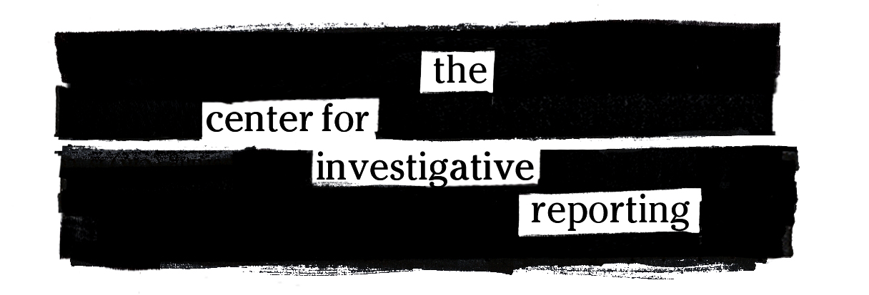 The logo for the Center for Investigative Reporting, a black looking, redacted page, with the name of the organization in white--as if uncovered