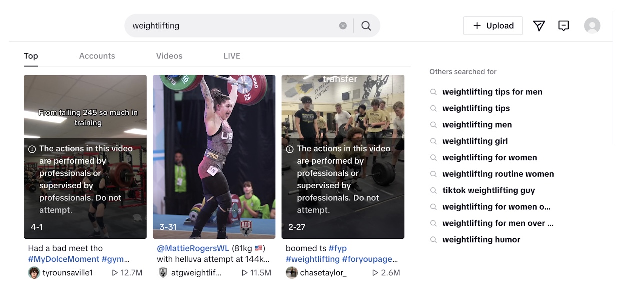 Weightlifting search on TikTok