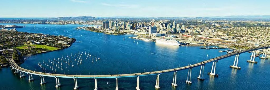 San Diego California, view of bridge, shoreline, skyscrapers