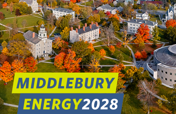 Middlebury Energy2028 logo over campus scene