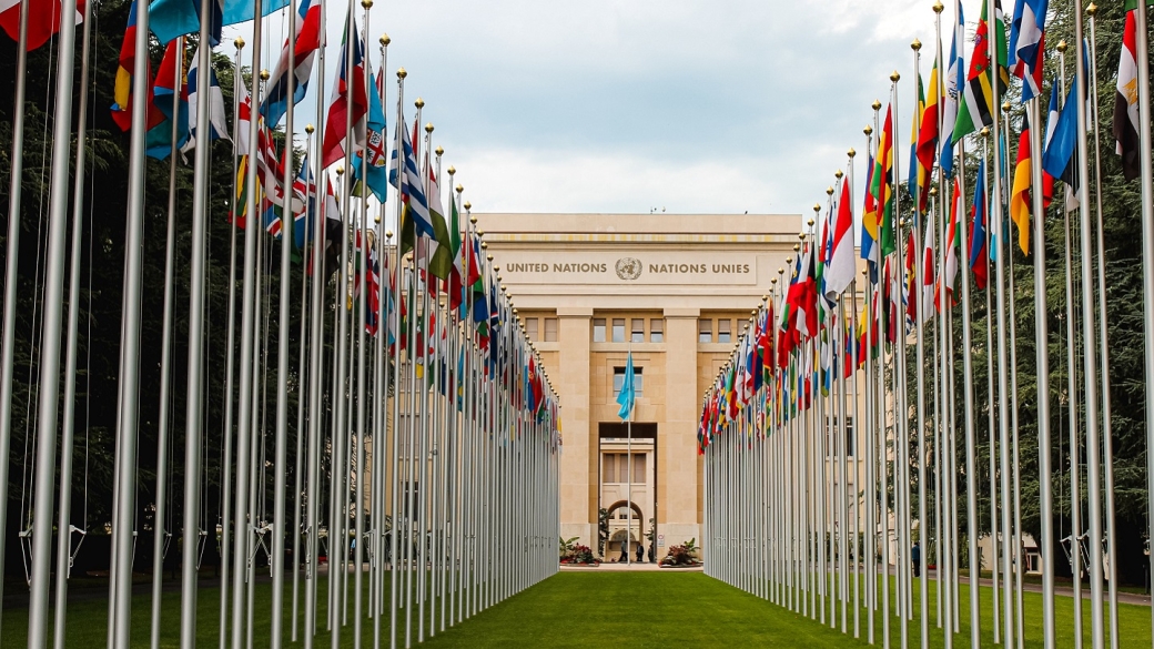 Parallel rows of flags at the United Nations building in Geneva, Switzerland.