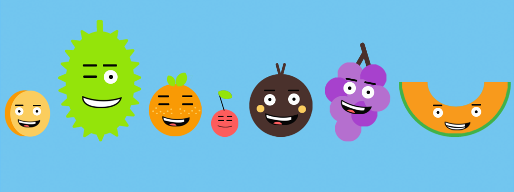 Cartoon designs of different fruits with smiling faces