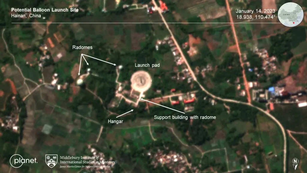 Satellite image of a suspected spy balloon launch site on Hainan Island, China.