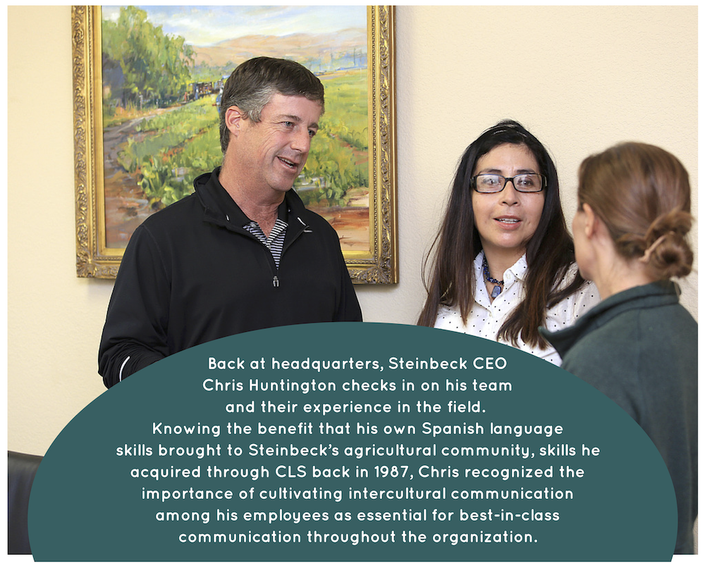 Steinbeck CEO talks with team about their Spanish learning experience. 