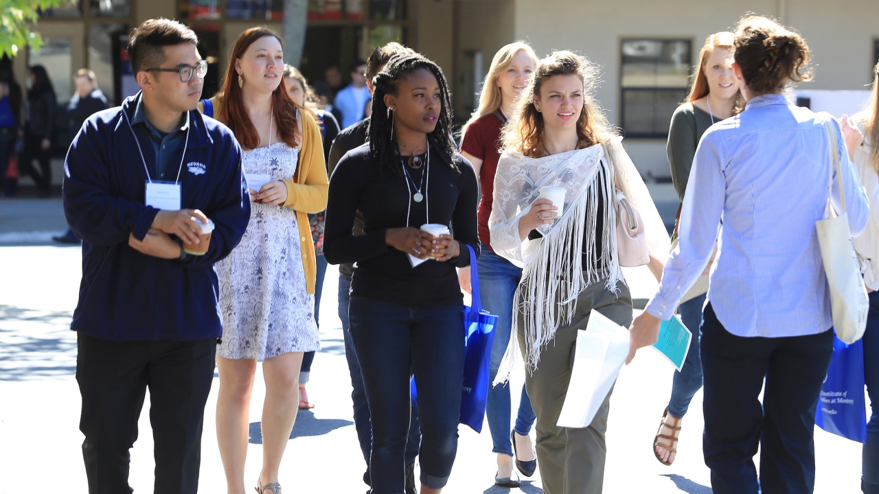 Students taking a campus tour