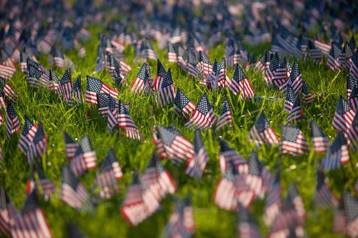 Small U.S. flags on a lawn as a memorial