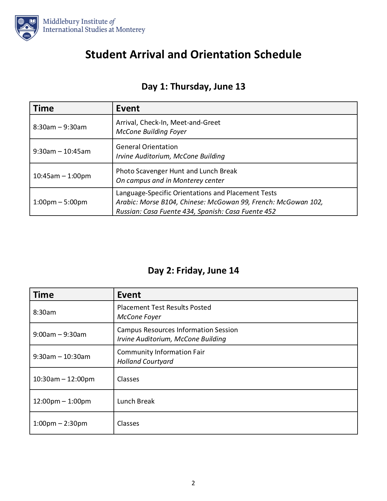 Student Arrival and Orientation Schedule