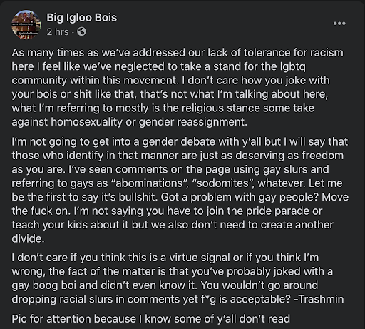 Boogaloo response to pro-LGBTQ post