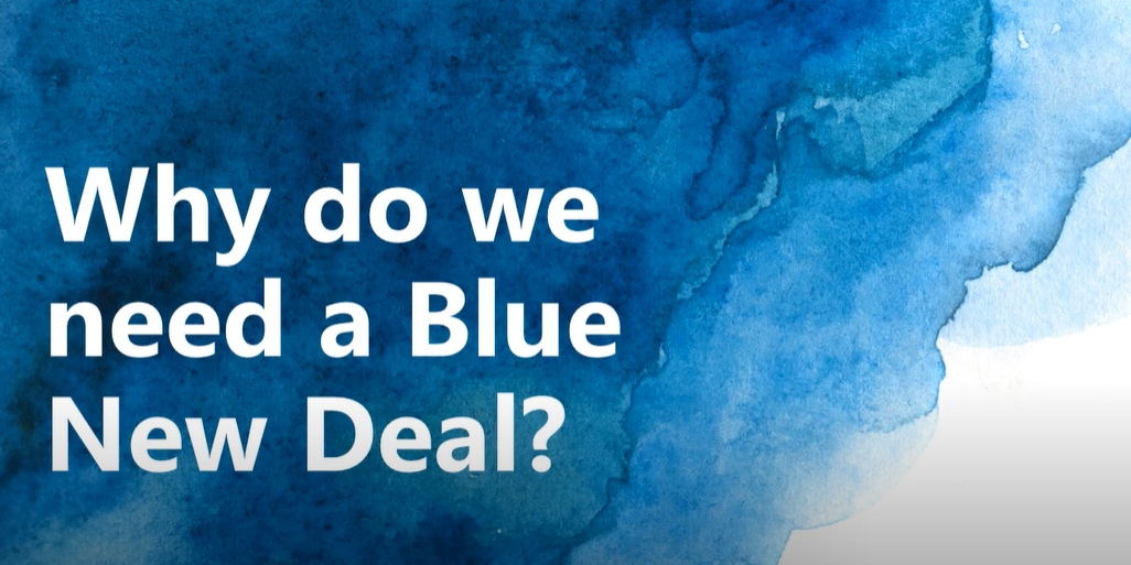 Slide that says "Why do we need a Blue New Deal" with blue, water-like background