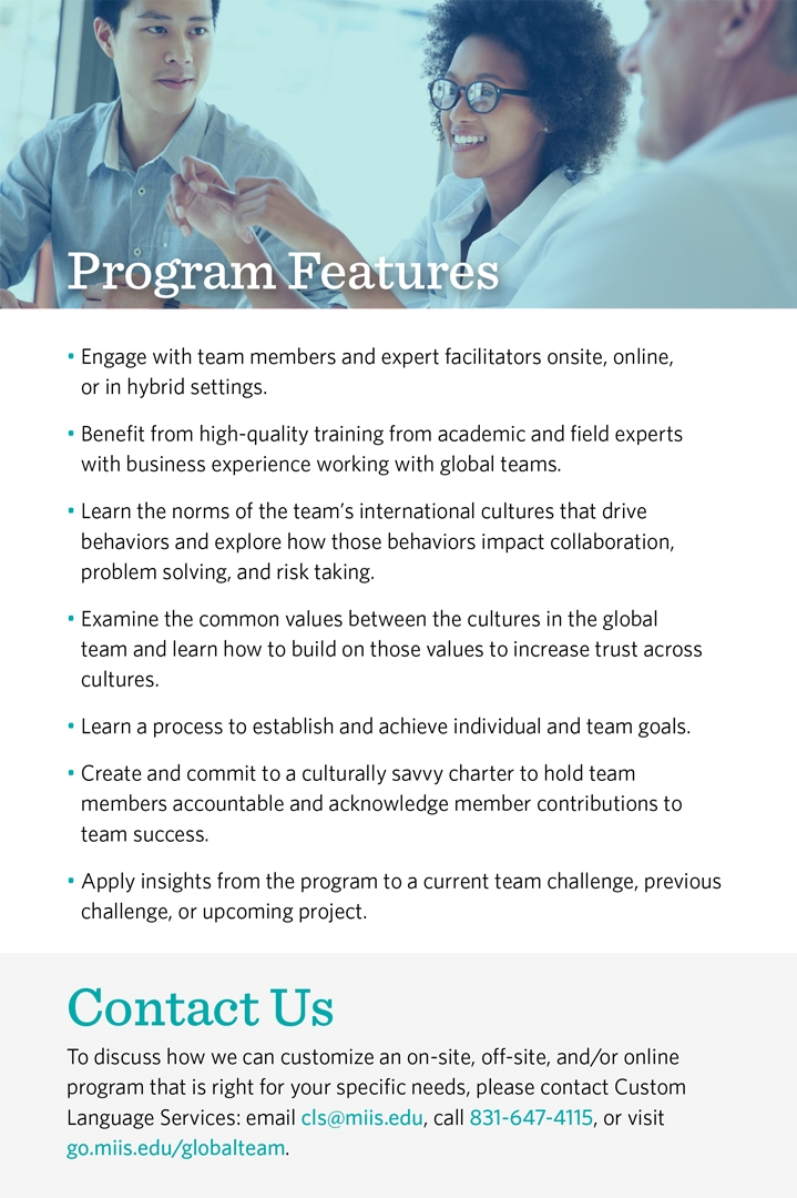 Custom Language Services flyer, explaining the features and contact information for the cross-cultural training program, Harnessing the Power of the Global Team