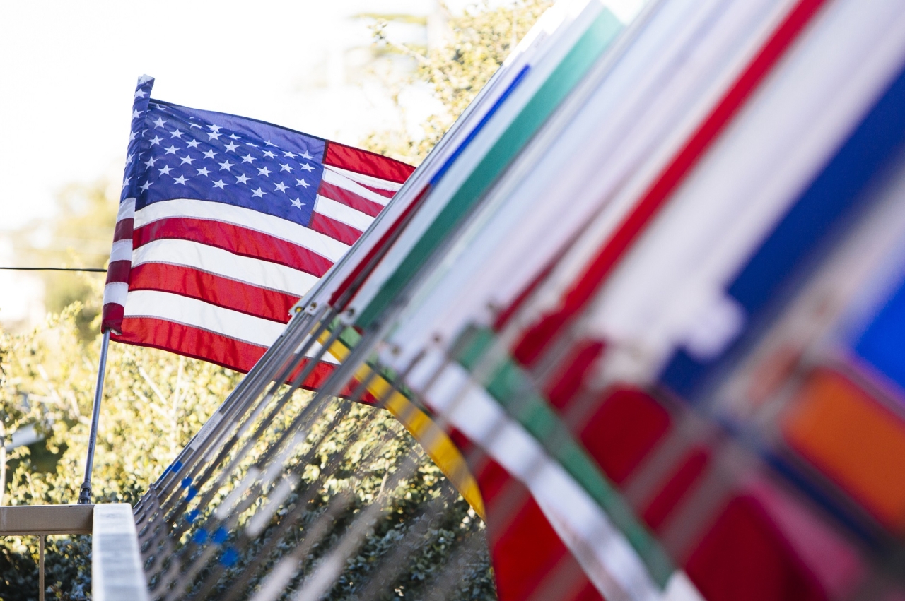 Series of flags with the U.S. flag standing out