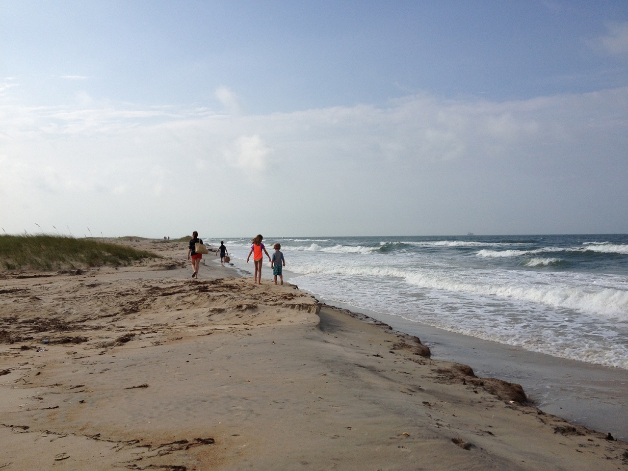 People walking on beach near dune