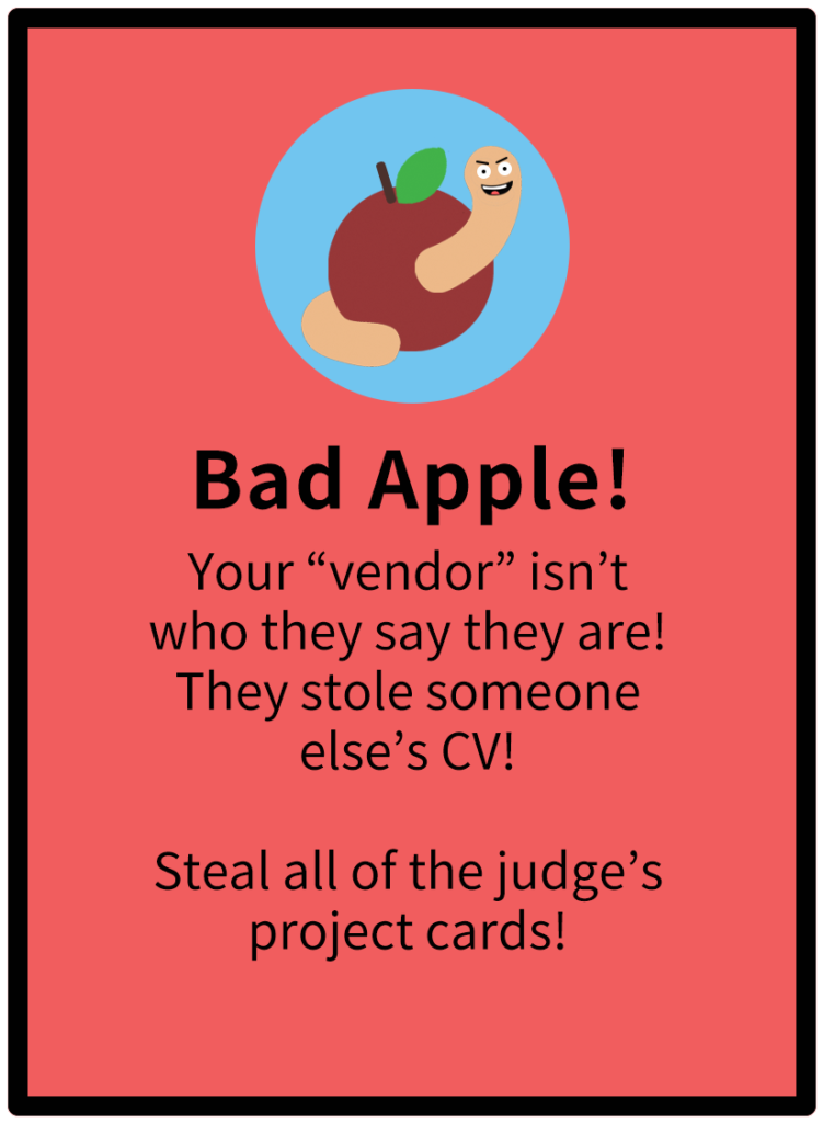 Fruit Vendor "Bad Apple" card. Card copy explains that the "vendor" isn't who they say they are...they stole someone else's CV!