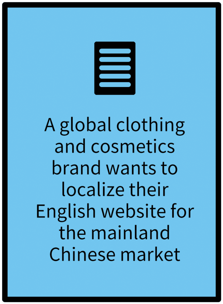 Fruit Vendor game card explaining a project: global clothing brand wants to localize English website for Chinese mainland market