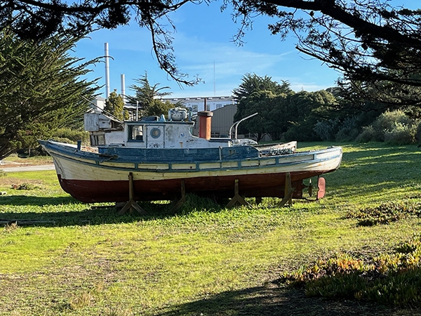 "Monterey Clipper on the hard," photo and caption from Dan Brayton.  Shot from Stanford Hopkins Marine Lab grounds.