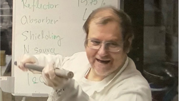 Dr. Lubomir Sklenka shows MIIS students an example of a control rod in a nuclear research reactor during a real-time virtual course broadcast from Czech Technical University in Prague