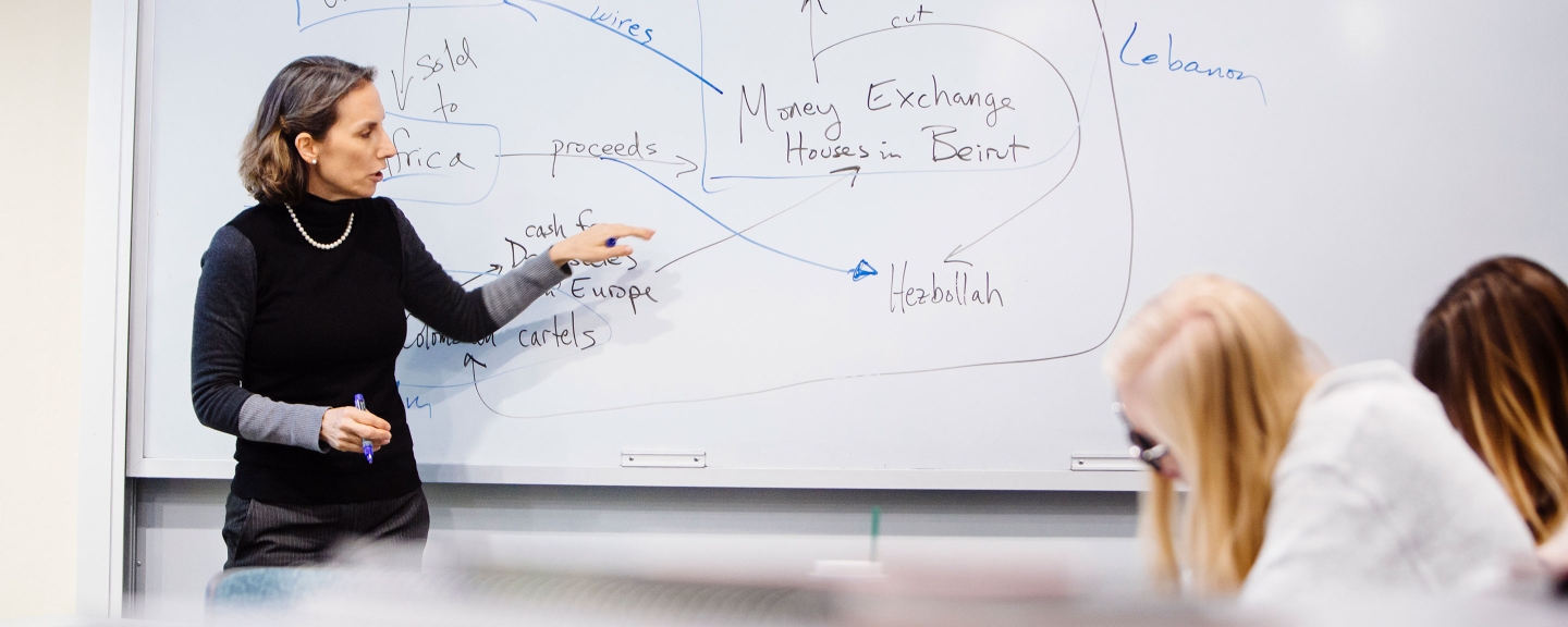 A female professor diagraming for students on a white board.