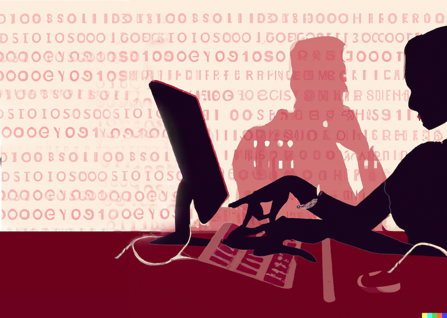 Cybersecurity Woman in Silhouette with Computer Code
