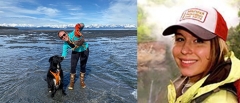 Photos of the two speakers, Sorina Stalla on the left standing in the shallow bay, holding a crab, with her dog and the Alaskan mountains behind, and Megan Hilgartner, a headshot