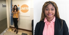 Nasema Zeerak, left, poses with the UN flag at UNFPA and Agostina Ntow, left