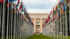 Parallel rows of flags at the United Nations building in Geneva, Switzerland.