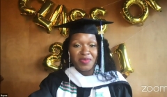 Rayna Rogers, the virtual commencement student speaker, in her cap and gown on Zoom delivering her speech